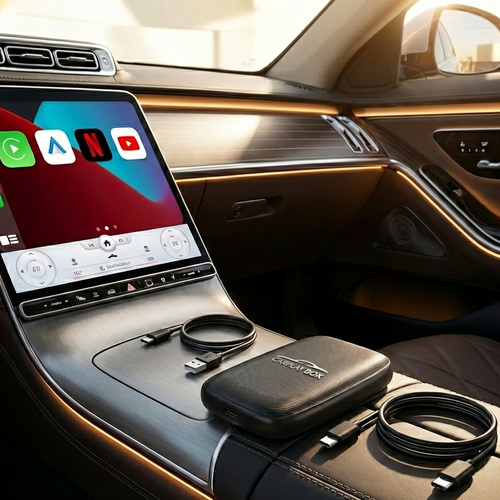 Car dashboard with a tablet displaying an app interface, a carrying case, and cables.